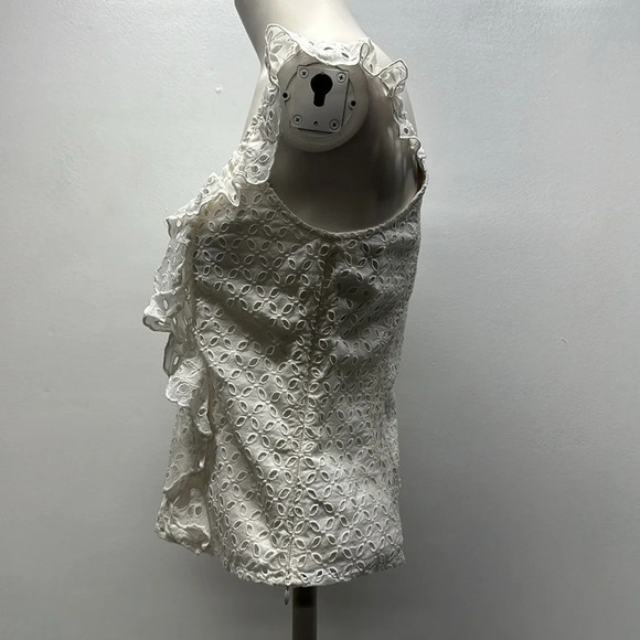 Joie Tank Top Blouse Lace Eyelet Sleeveless Floral V-Neck Ruffle Trim White 2 - Picture 4 of 12